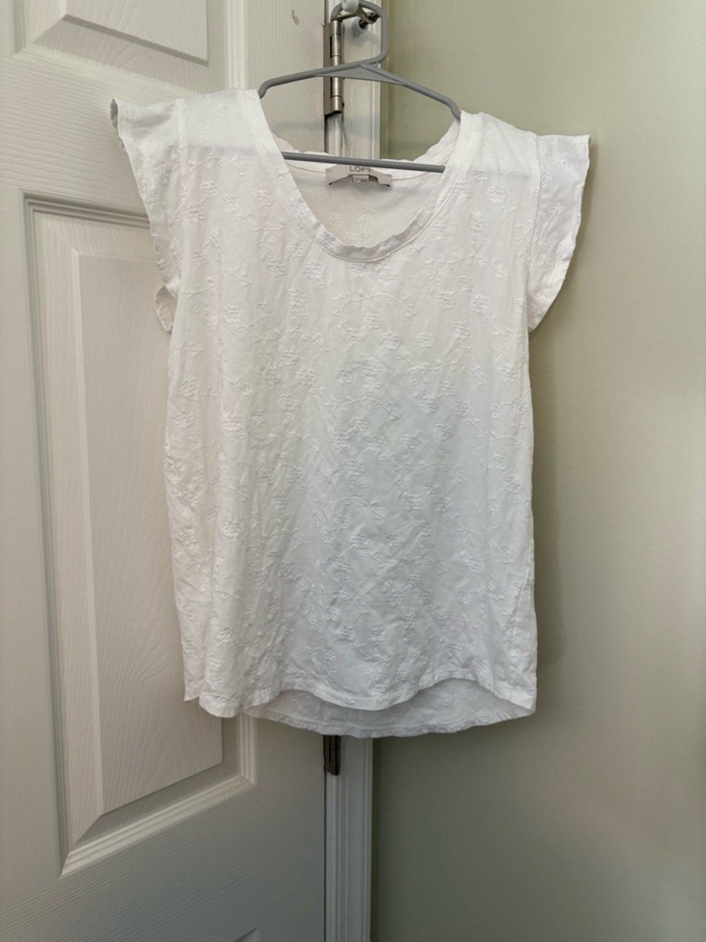 LOFT White Embroidered Cap Sleeve Top